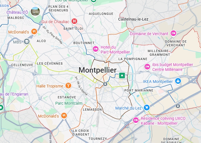 Montpellier : Carte détaillée des quartiers et transports urbains. Carte de Montpellier et de ses quartiers (Port Marianne, Celleneuve, La Croix d'Argent). Les tracés de transport entourent le centre-ville.